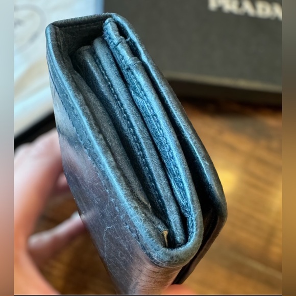 Prada Long Double Snap Flap Wallet Distressed Blue Green Leather Gold Hardware - Picture 10 of 14